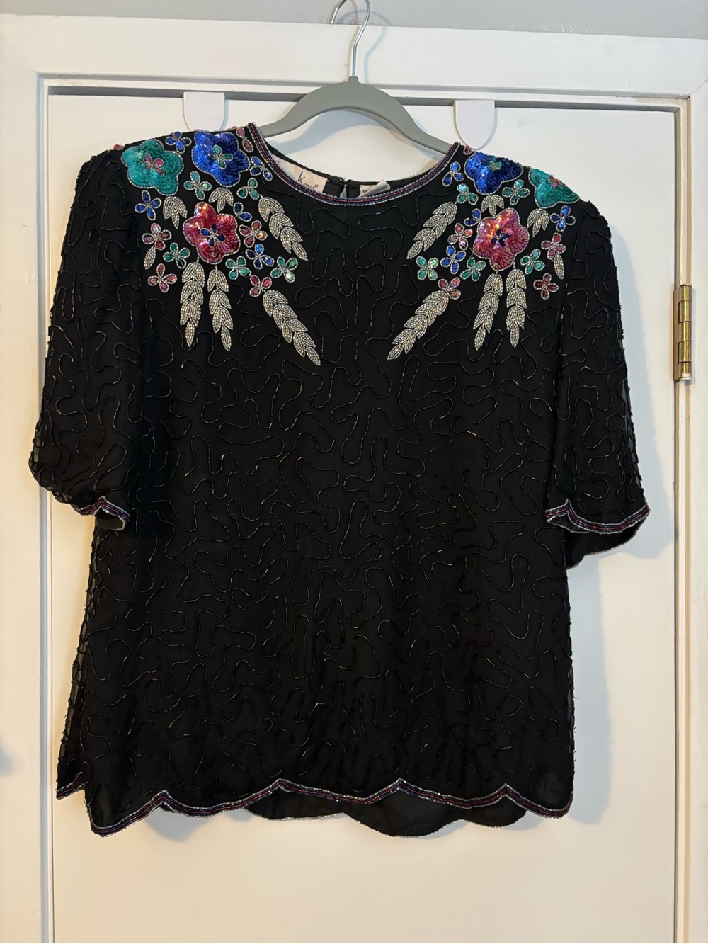 Vintage Laurence Kazar Black Beaded Floral Embroidered Blouse